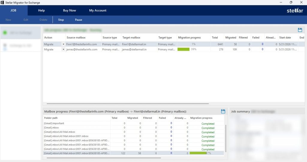 Stellar Migrator for Exchange Review: The Easiest Way to Migrate from Exchange to Office 365 12 Live dashboard showing Exchange mailbox migration progress